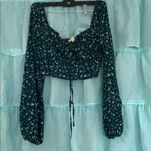 Green with white flowers long sleeved crop top